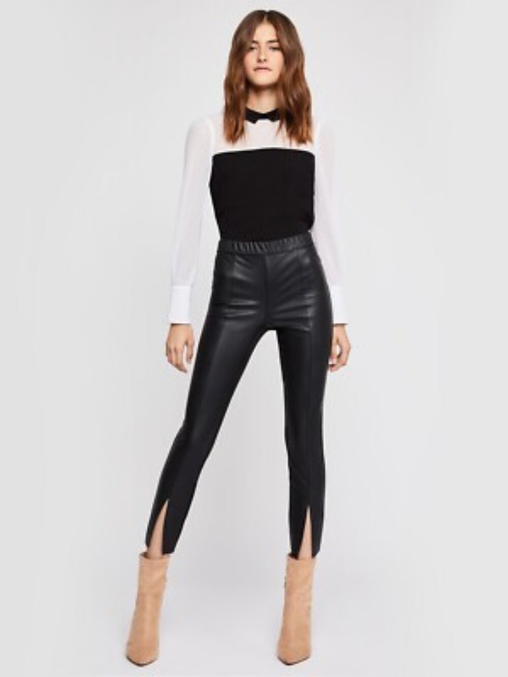 BCBG Mixed Media Split Hem Black Faux Leather Ankle Pants
